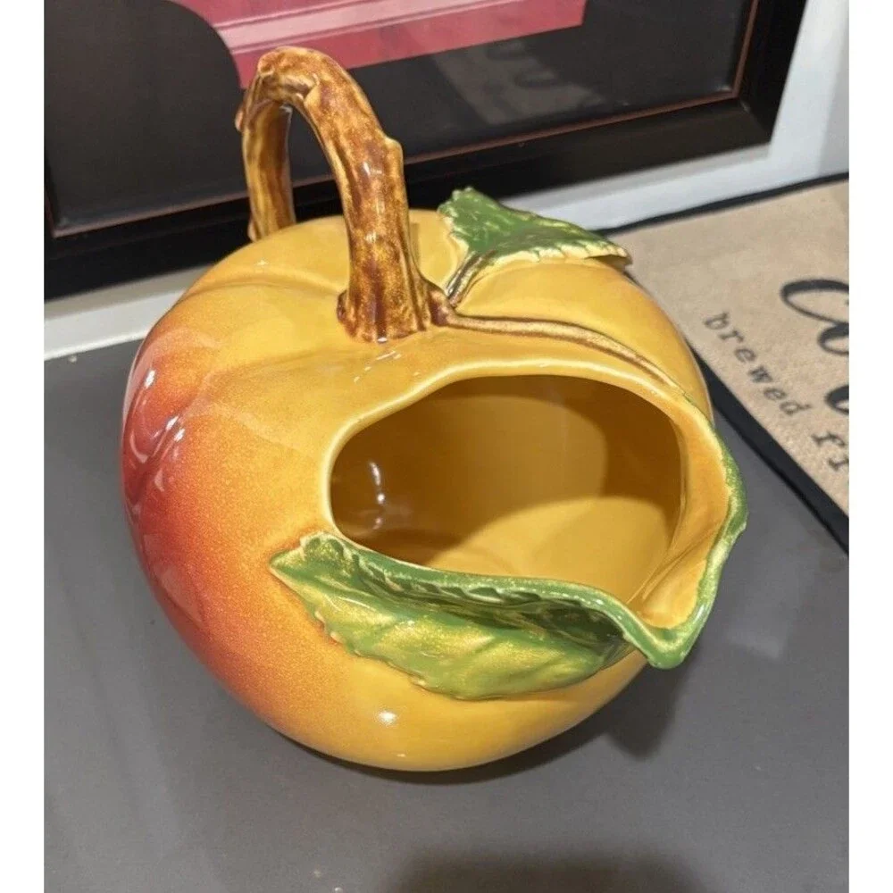 Vintage Peach Pitcher, Colorful Ceramic Fruit Pitcher Clean Shiny Glaze 7” Tall